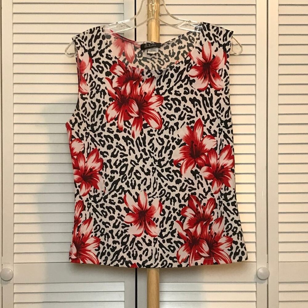 J.T.B. Floral Leopard Round Neck Sleeveless Stretch Blouse M